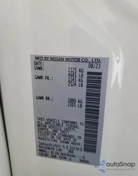 2023 Nissan Maxima Sv из США, поврежденный, VIN 1N4AA6CV0PC513095